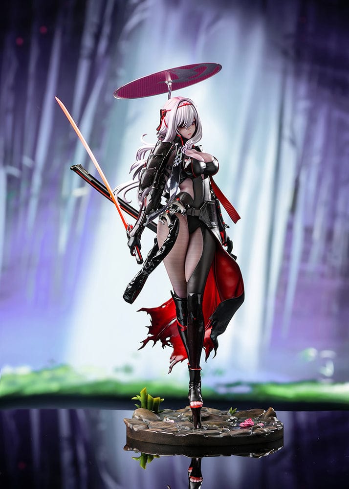 1/4 scale figure of Scarlet from Goddess of Victory: Nikke in her Black Shadow Ver. outfit with katana, heels, and red-accented cloak.

