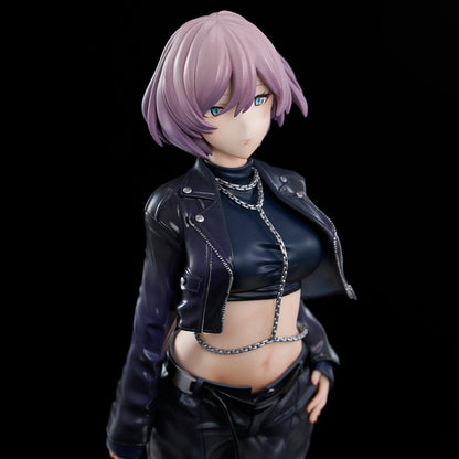 Gridman Universe ZOZO Black Collection Mujina Figure featuring Mujina in a stylish black crop top, leather jacket, and cargo pants, showcasing her fierce and confident pose.