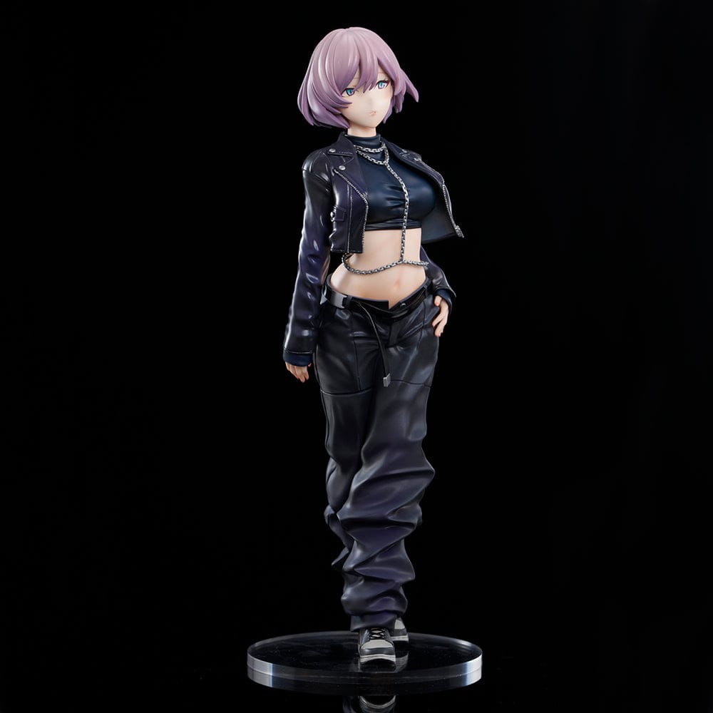 Gridman Universe ZOZO Black Collection Mujina Figure featuring Mujina in a stylish black crop top, leather jacket, and cargo pants, showcasing her fierce and confident pose.