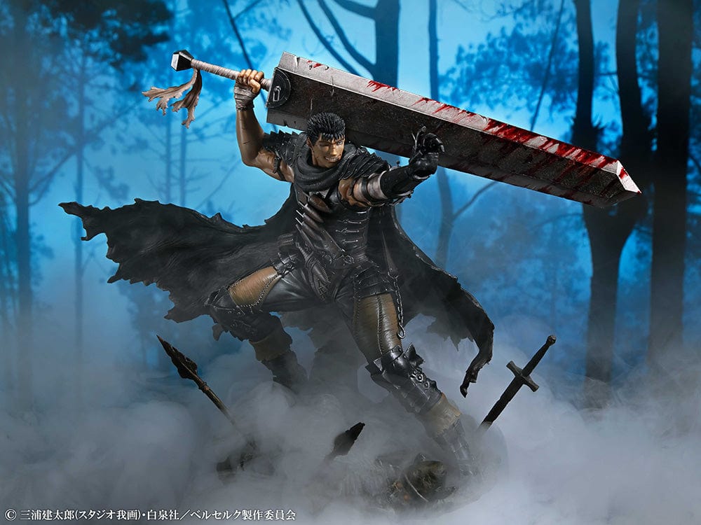 1/7 scale figure of Guts from 'Berserk' in his Black Swordsman version, wielding a large sword and standing on a base with defeated enemies, exemplifying his warrior persona.
