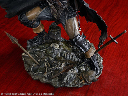 1/7 scale figure of Guts from 'Berserk' in his Black Swordsman version, wielding a large sword and standing on a base with defeated enemies, exemplifying his warrior persona.