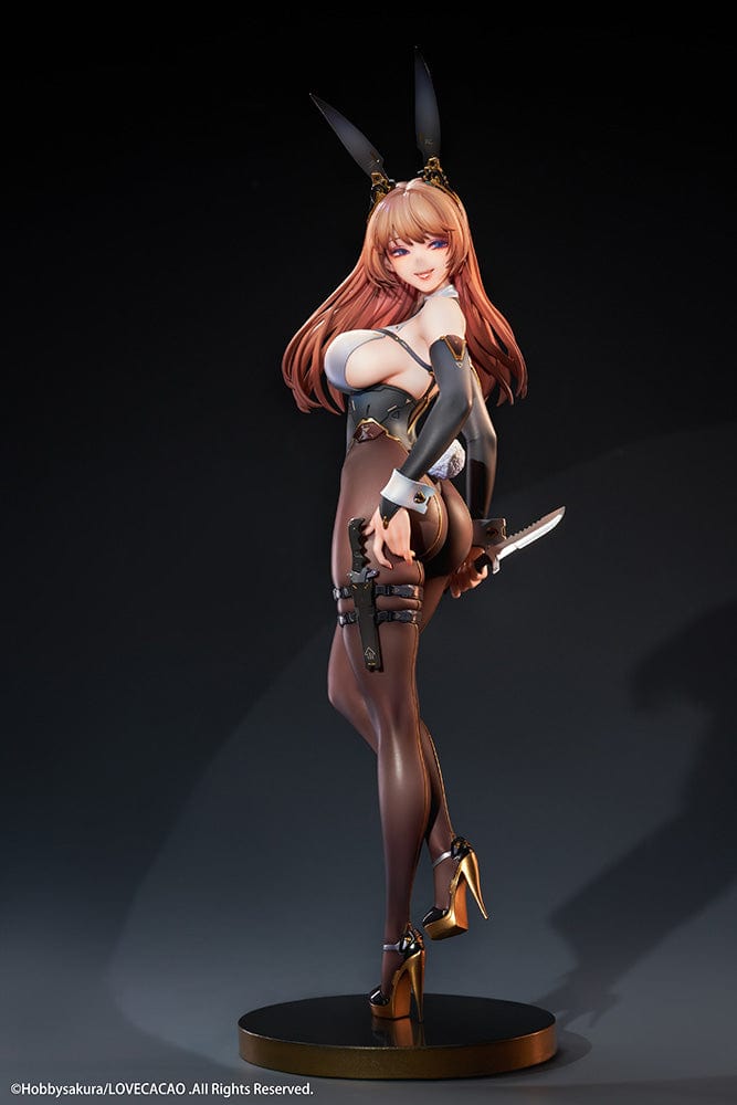 LOVECACAO Illustration Psycho Bunny 1/7 Scale Figure featuring a character in a black bunny suit with gold accents, holding a knife, and standing in a dynamic pose.