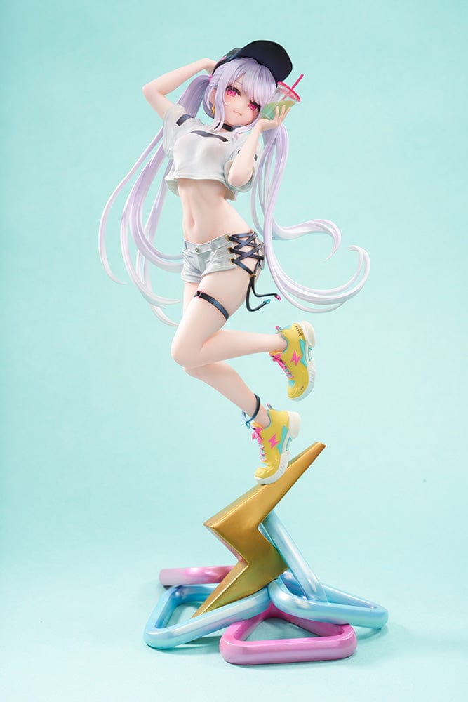 Mignon Illustration Spark 1/7 Scale Figure featuring a stylish character with pastel hair, streetwear outfit, and sneakers standing on a colorful lightning bolt-shaped base.