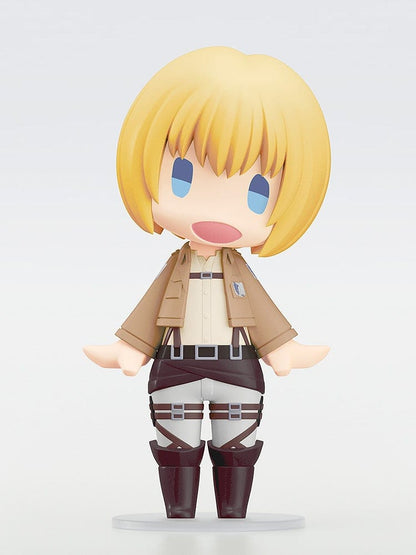 Attack on Titan Hello! Good Smile Armin Arlert Figure in chibi-style design, featuring Armin in his Survey Corps uniform with a cheerful expression.