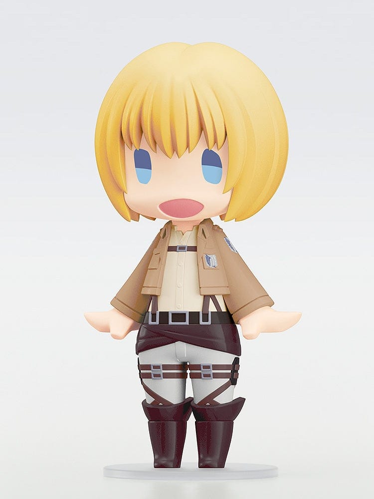 Attack on Titan Hello! Good Smile Armin Arlert Figure in chibi-style design, featuring Armin in his Survey Corps uniform with a cheerful expression.