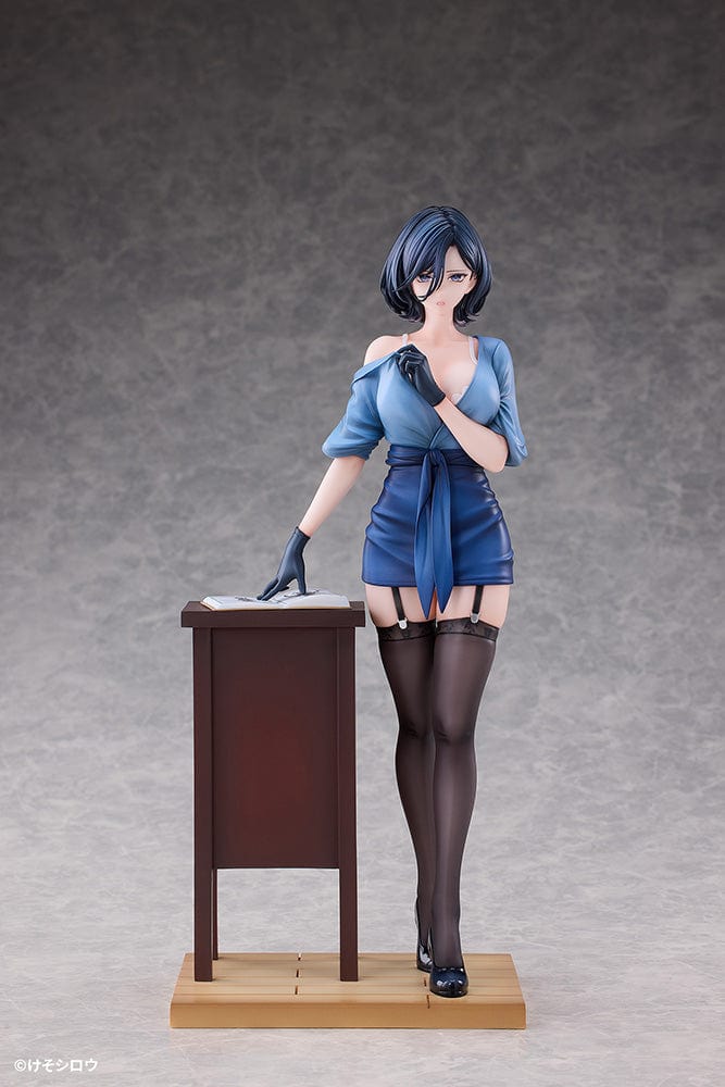 1/6 Scale Figure of Rumi from Toutotsu ni Nugidasu Tennen Bijutsu Kyoushi, standing elegantly beside a wooden podium in a sleek blue dress.