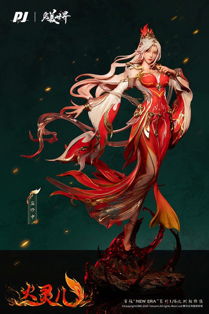 Perfect World Huo Ling Er (Theater Edition Ver.) 1/6 Scale Figure featuring a dynamic pose, flowing red and gold costume, and a fiery molten-themed base.