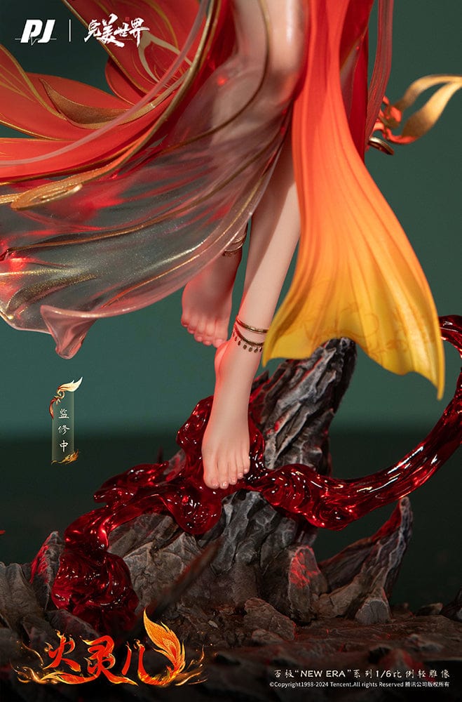 Perfect World Huo Ling Er (Theater Edition Ver.) 1/6 Scale Figure featuring a dynamic pose, flowing red and gold costume, and a fiery molten-themed base.