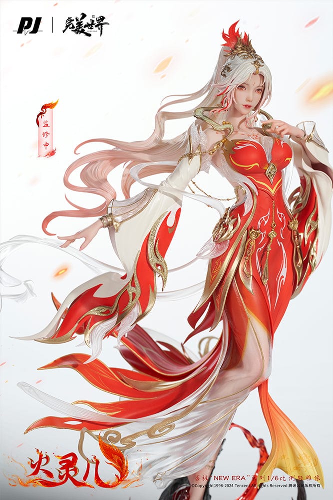 Perfect World Huo Ling Er (Theater Edition Ver.) 1/6 Scale Figure featuring a dynamic pose, flowing red and gold costume, and a fiery molten-themed base.