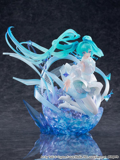 “Hatsune Miku (Crystal Dress Ver.) 1/7 scale figure—Miku in a white dress with translucent twin-tails, surrounded by swirling musical ribbons on a blue crystal base.”