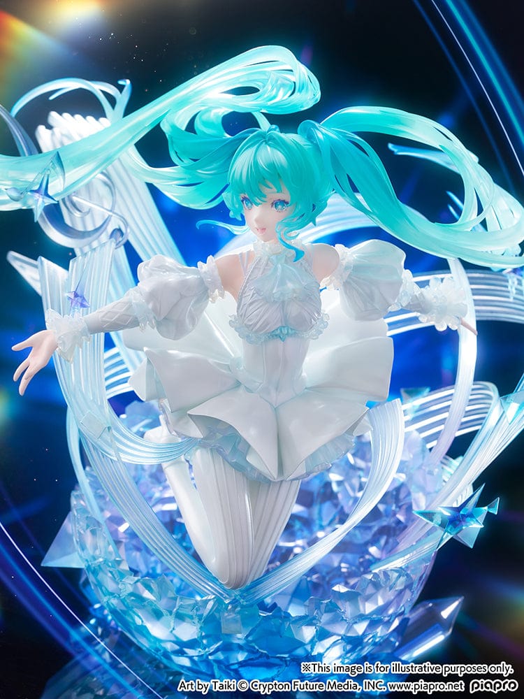 “Hatsune Miku (Crystal Dress Ver.) 1/7 scale figure—Miku in a white dress with translucent twin-tails, surrounded by swirling musical ribbons on a blue crystal base.”