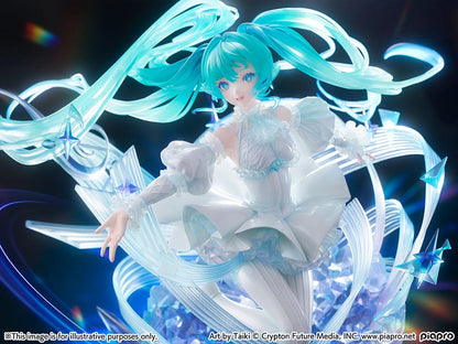 “Hatsune Miku (Crystal Dress Ver.) 1/7 scale figure—Miku in a white dress with translucent twin-tails, surrounded by swirling musical ribbons on a blue crystal base.”