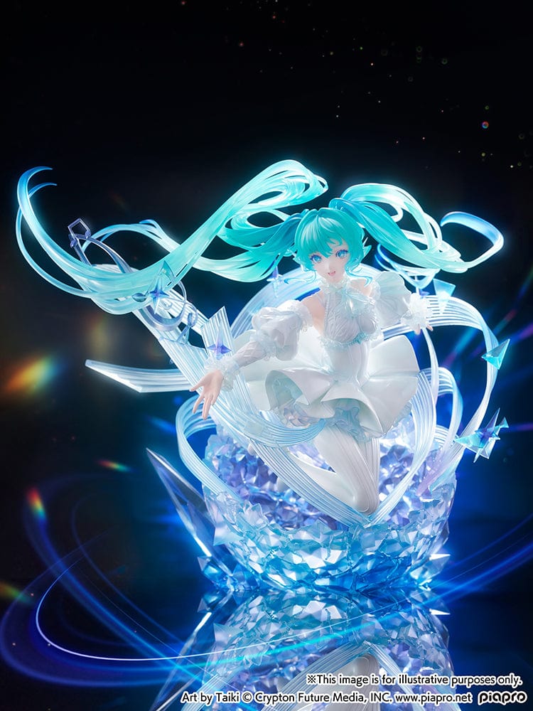 “Hatsune Miku (Crystal Dress Ver.) 1/7 scale figure—Miku in a white dress with translucent twin-tails, surrounded by swirling musical ribbons on a blue crystal base.”
