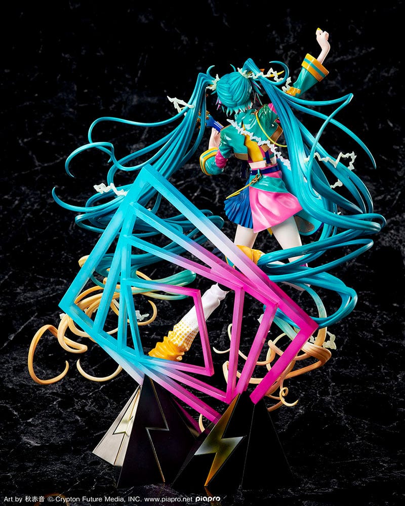 1/7 scale figure of Vocaloid Hatsune Miku from the "Hatsune Miku Japan Tour 2023 -Thunderbolt-" series. She's featured with an electric guitar, sporting her trademark blue hair in a dynamic, swirling design that mimics the motion of a thunderstorm. The figure is adorned in a colorful, tour-inspired costume with sharp geometric patterns and lightning motifs, posed atop a base that echoes the theme with angular lines and electric designs.