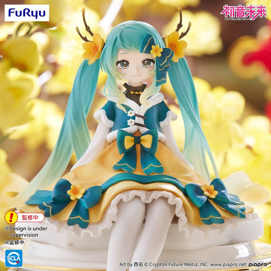 Vocaloid Hatsune Miku (2025 Chinese New Year Ver.) Noodle Stopper Figure – anime figure featuring Miku in a teal and gold dress with floral details, deer antlers, and a festive design.
