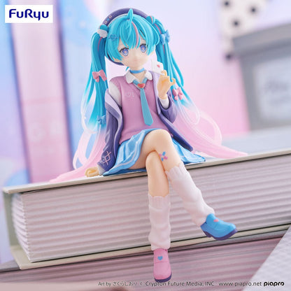 Vocaloid Hatsune Miku (Love Blazer Navy Color Ver.) Noodle Stopper Figure seated in pastel outfit with flowing turquoise hair and sweet expression