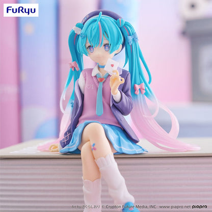 Vocaloid Hatsune Miku (Love Blazer Navy Color Ver.) Noodle Stopper Figure seated in pastel outfit with flowing turquoise hair and sweet expression