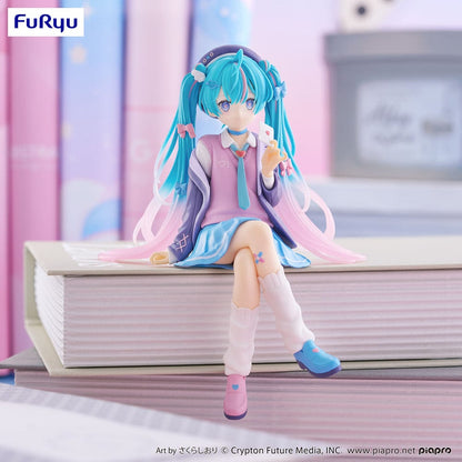 Vocaloid Hatsune Miku (Love Blazer Navy Color Ver.) Noodle Stopper Figure seated in pastel outfit with flowing turquoise hair and sweet expression