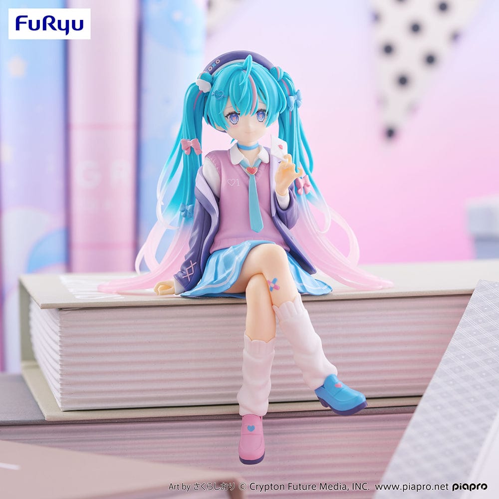 Vocaloid Hatsune Miku (Love Blazer Navy Color Ver.) Noodle Stopper Figure seated in pastel outfit with flowing turquoise hair and sweet expression