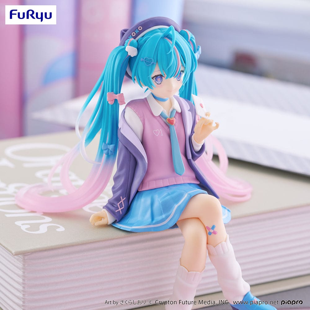 Vocaloid Hatsune Miku (Love Blazer Navy Color Ver.) Noodle Stopper Figure seated in pastel outfit with flowing turquoise hair and sweet expression