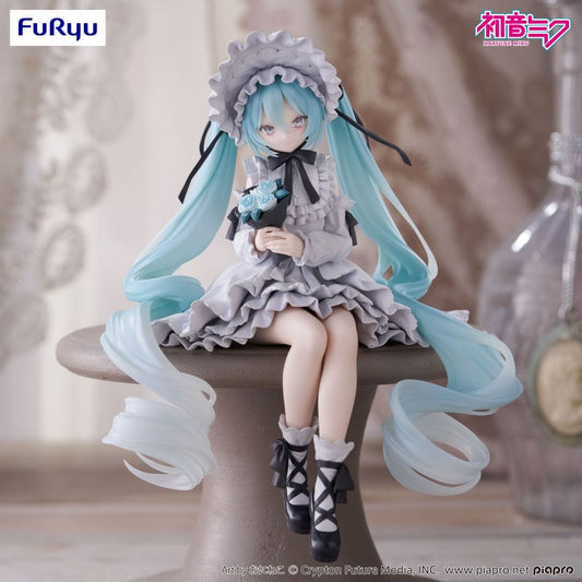 Vocaloid Hatsune Miku Vintage Doll Style Noodle Stopper Figure with bonnet, bouquet, and frilly dress

