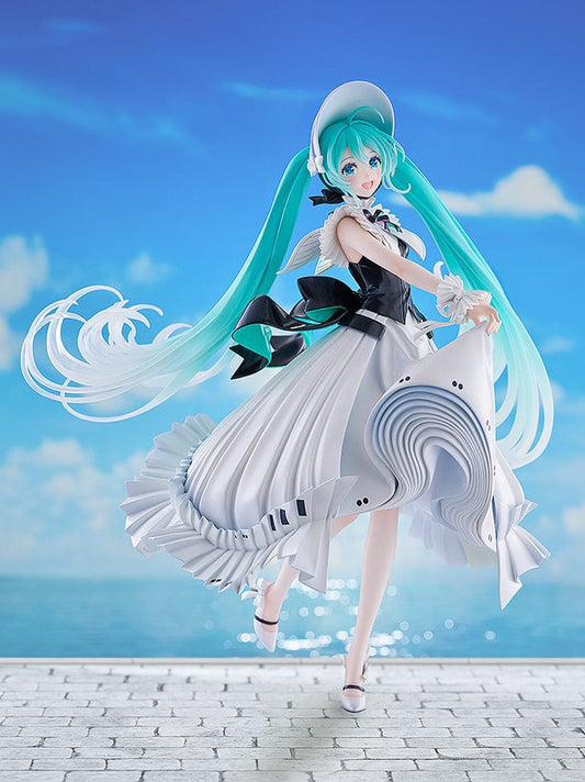 Vocaloid Character Vocal Series: 01 Hatsune Miku (Symphony 2023 Ver.) 1/7 Scale Figure, featuring Miku in a flowing white gown with intricate ruffles and a wide-brimmed hat, in a graceful pose.