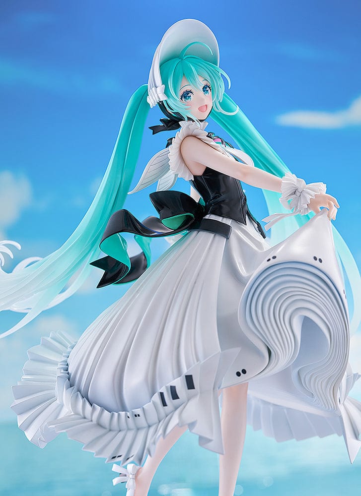 Vocaloid Character Vocal Series: 01 Hatsune Miku (Symphony 2023 Ver.) 1/7 Scale Figure, featuring Miku in a flowing white gown with intricate ruffles and a wide-brimmed hat, in a graceful pose.