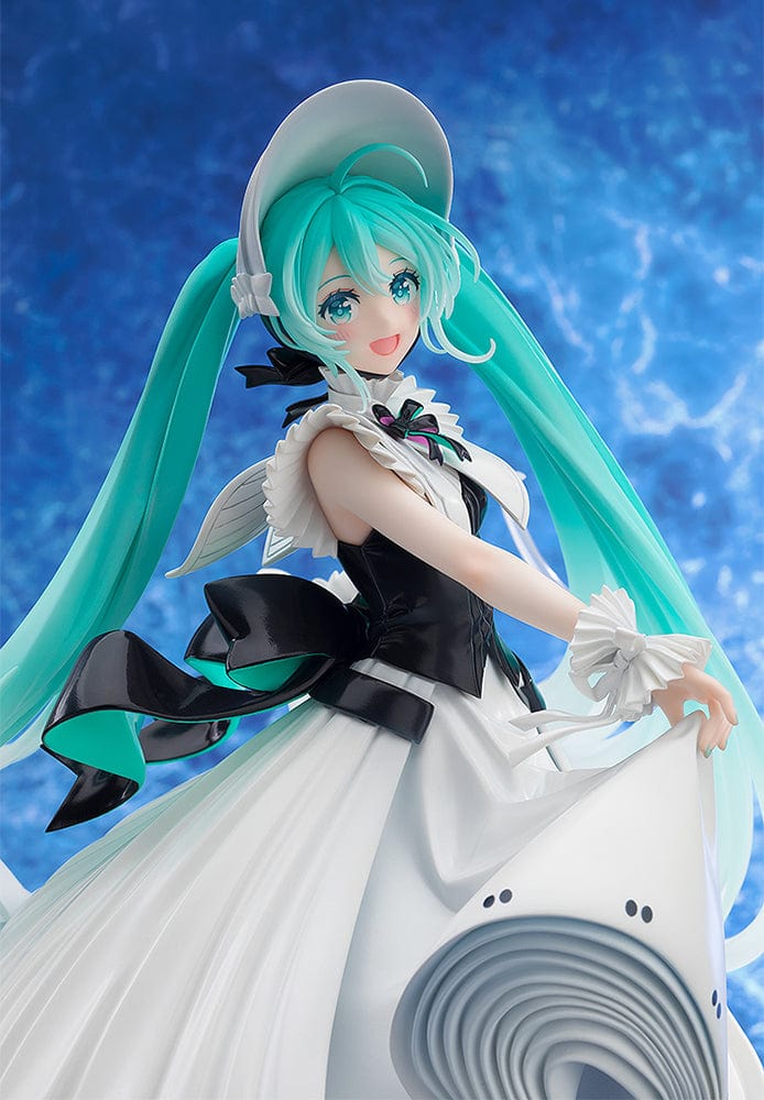 Vocaloid Character Vocal Series: 01 Hatsune Miku (Symphony 2023 Ver.) 1/7 Scale Figure, featuring Miku in a flowing white gown with intricate ruffles and a wide-brimmed hat, in a graceful pose.