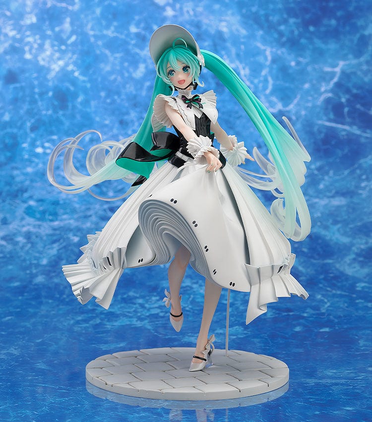 Vocaloid Character Vocal Series: 01 Hatsune Miku (Symphony 2023 Ver.) 1/7 Scale Figure, featuring Miku in a flowing white gown with intricate ruffles and a wide-brimmed hat, in a graceful pose.