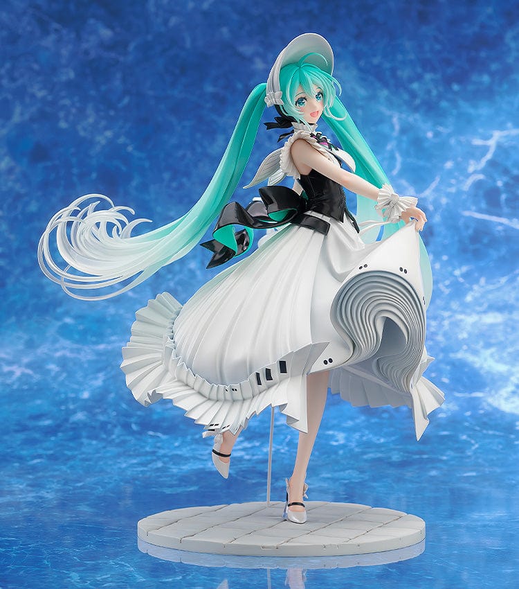 Vocaloid Character Vocal Series: 01 Hatsune Miku (Symphony 2023 Ver.) 1/7 Scale Figure, featuring Miku in a flowing white gown with intricate ruffles and a wide-brimmed hat, in a graceful pose.