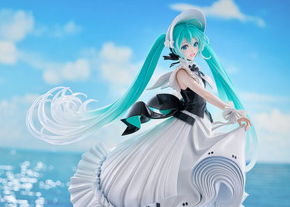 Vocaloid Character Vocal Series: 01 Hatsune Miku (Symphony 2023 Ver.) 1/7 Scale Figure, featuring Miku in a flowing white gown with intricate ruffles and a wide-brimmed hat, in a graceful pose.