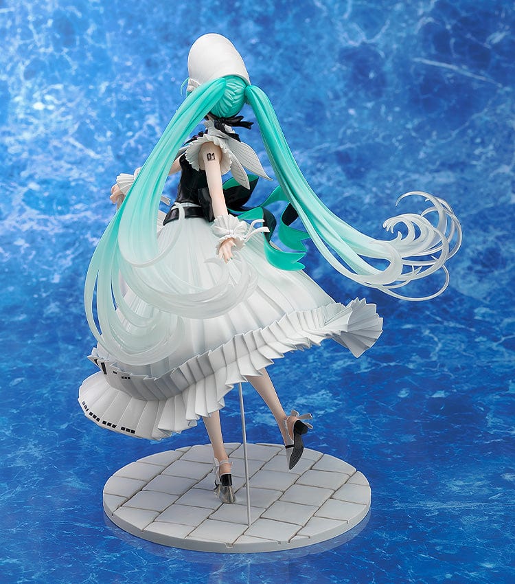 Vocaloid Character Vocal Series: 01 Hatsune Miku (Symphony 2023 Ver.) 1/7 Scale Figure, featuring Miku in a flowing white gown with intricate ruffles and a wide-brimmed hat, in a graceful pose.