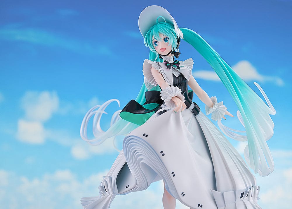 Vocaloid Character Vocal Series: 01 Hatsune Miku (Symphony 2023 Ver.) 1/7 Scale Figure, featuring Miku in a flowing white gown with intricate ruffles and a wide-brimmed hat, in a graceful pose.