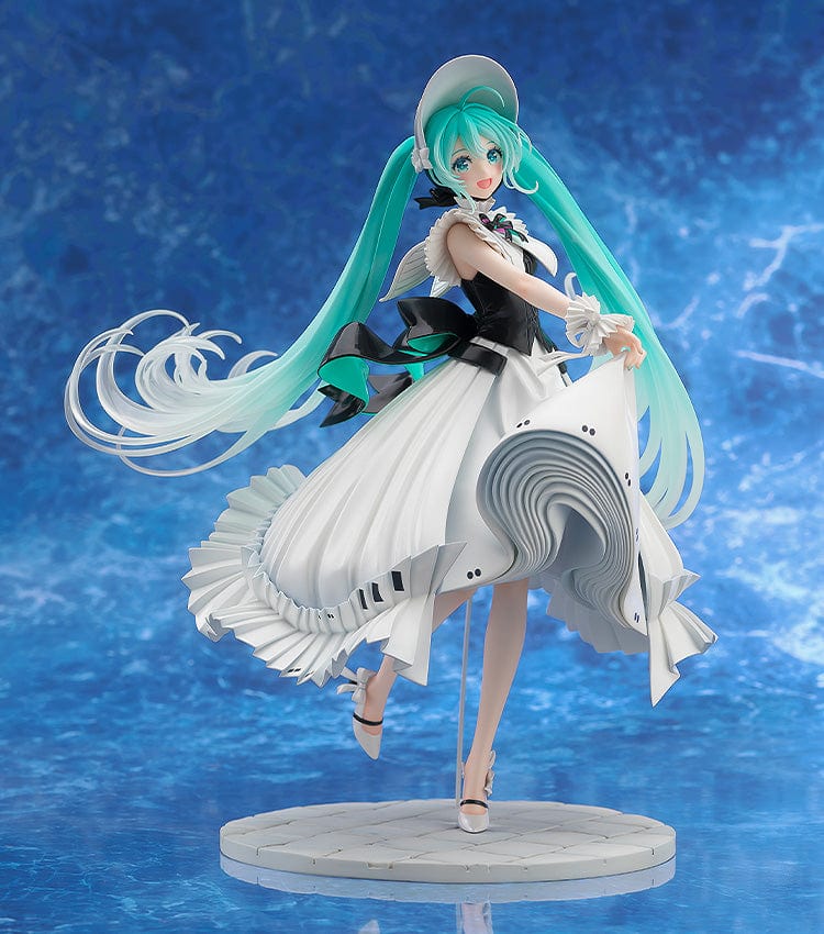 Vocaloid Character Vocal Series: 01 Hatsune Miku (Symphony 2023 Ver.) 1/7 Scale Figure, featuring Miku in a flowing white gown with intricate ruffles and a wide-brimmed hat, in a graceful pose.