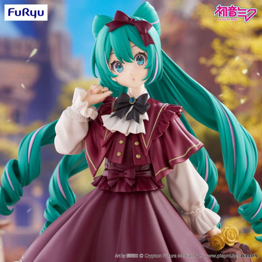Hatsune Miku figure in a classical retro dress with teal twin-tails, holding a suitcase with flowers.

