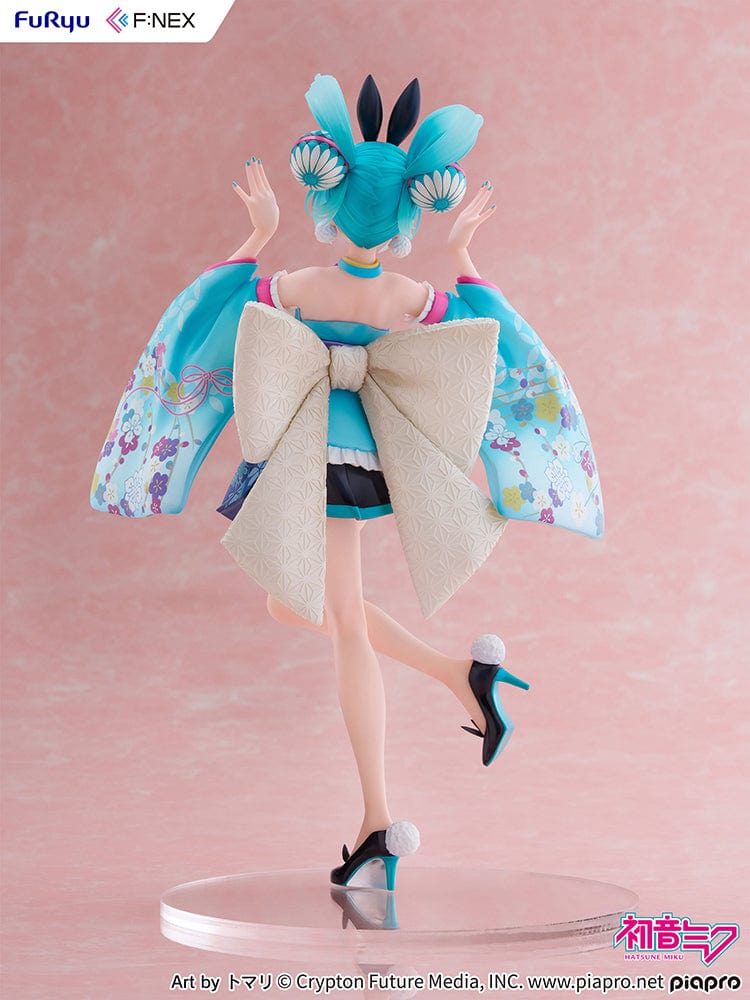  Vocaloid Fnex Hatsune Miku (Wa-Bunny Ver.) 1/7 Scale Figure in turquoise floral kimono-inspired outfit with bunny ears, posing gracefully.