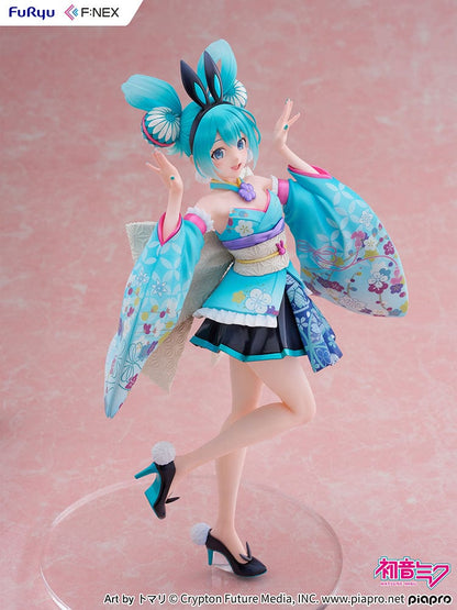  Vocaloid Fnex Hatsune Miku (Wa-Bunny Ver.) 1/7 Scale Figure in turquoise floral kimono-inspired outfit with bunny ears, posing gracefully.