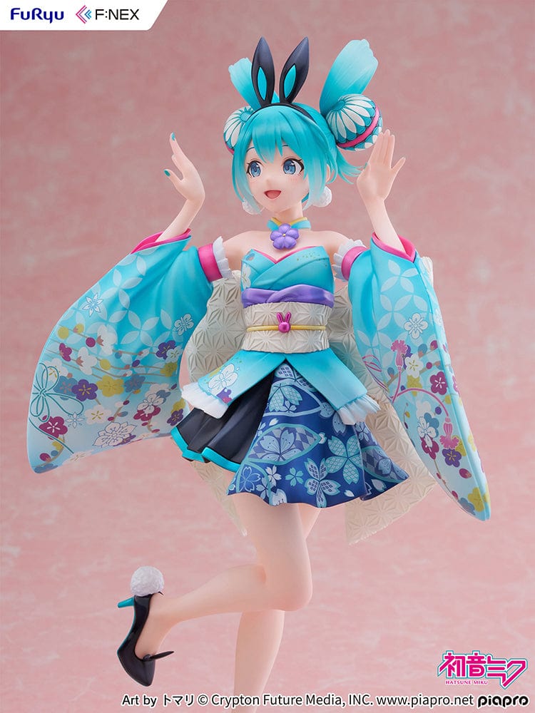  Vocaloid Fnex Hatsune Miku (Wa-Bunny Ver.) 1/7 Scale Figure in turquoise floral kimono-inspired outfit with bunny ears, posing gracefully.