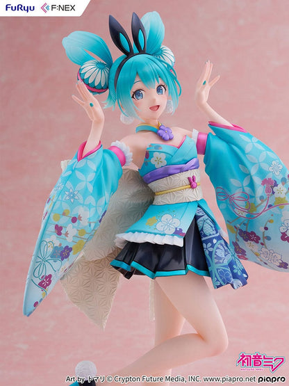  Vocaloid Fnex Hatsune Miku (Wa-Bunny Ver.) 1/7 Scale Figure in turquoise floral kimono-inspired outfit with bunny ears, posing gracefully.