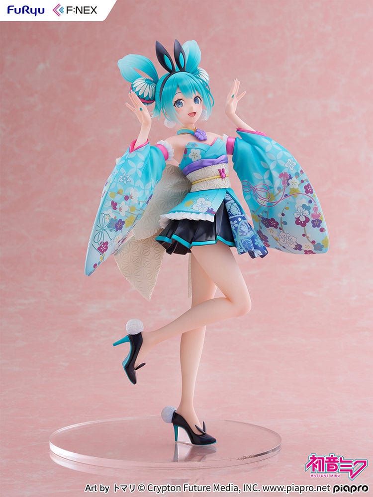  Vocaloid Fnex Hatsune Miku (Wa-Bunny Ver.) 1/7 Scale Figure in turquoise floral kimono-inspired outfit with bunny ears, posing gracefully.