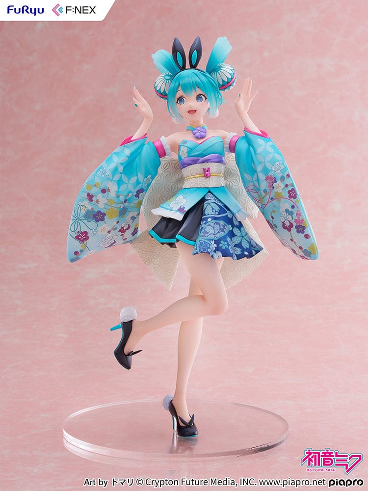  Vocaloid Fnex Hatsune Miku (Wa-Bunny Ver.) 1/7 Scale Figure in turquoise floral kimono-inspired outfit with bunny ears, posing gracefully.