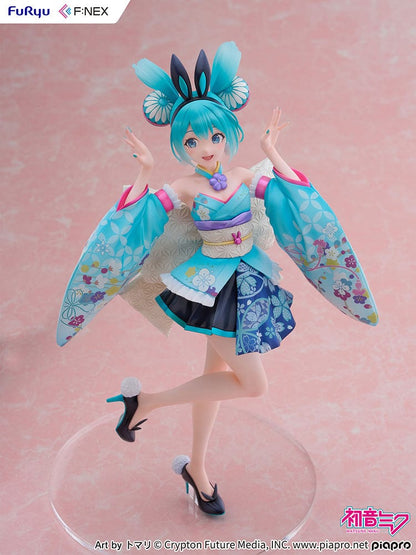  Vocaloid Fnex Hatsune Miku (Wa-Bunny Ver.) 1/7 Scale Figure in turquoise floral kimono-inspired outfit with bunny ears, posing gracefully.