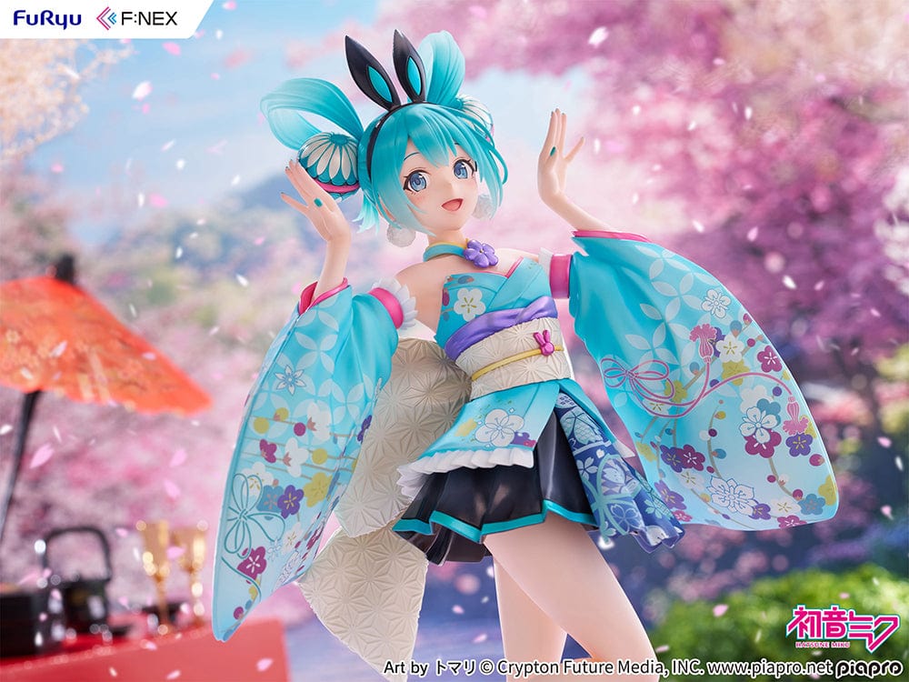  Vocaloid Fnex Hatsune Miku (Wa-Bunny Ver.) 1/7 Scale Figure in turquoise floral kimono-inspired outfit with bunny ears, posing gracefully.