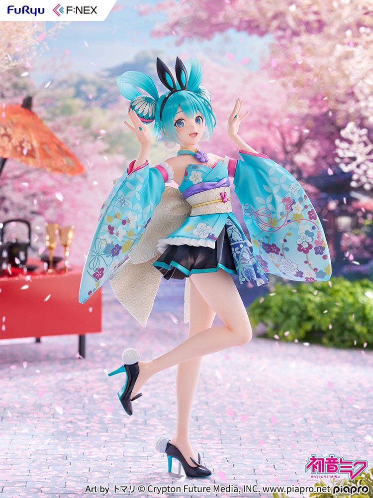  Vocaloid Fnex Hatsune Miku (Wa-Bunny Ver.) 1/7 Scale Figure in turquoise floral kimono-inspired outfit with bunny ears, posing gracefully.