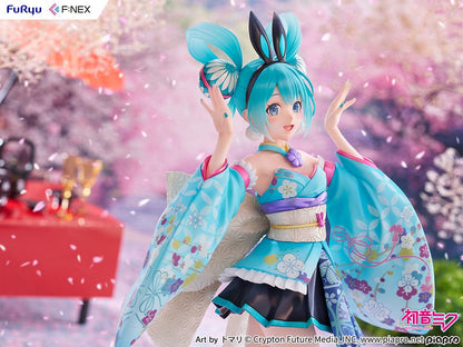  Vocaloid Fnex Hatsune Miku (Wa-Bunny Ver.) 1/7 Scale Figure in turquoise floral kimono-inspired outfit with bunny ears, posing gracefully.