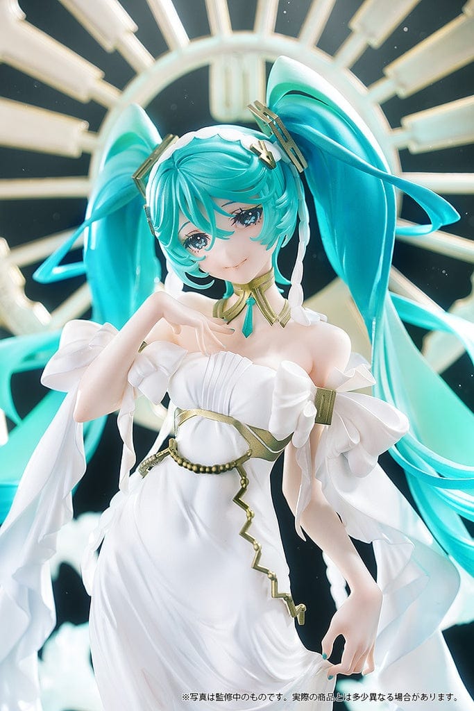 Vocaloid Character Vocal Series 01: Hatsune Miku (Feat. Yoneyama Mai) 1/7 Scale Figure featuring Hatsune Miku in a flowing white gown, with turquoise twin-tails, and a detailed backdrop.