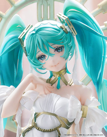 Vocaloid Character Vocal Series 01: Hatsune Miku (Feat. Yoneyama Mai) 1/7 Scale Figure featuring Hatsune Miku in a flowing white gown, with turquoise twin-tails, and a detailed backdrop.