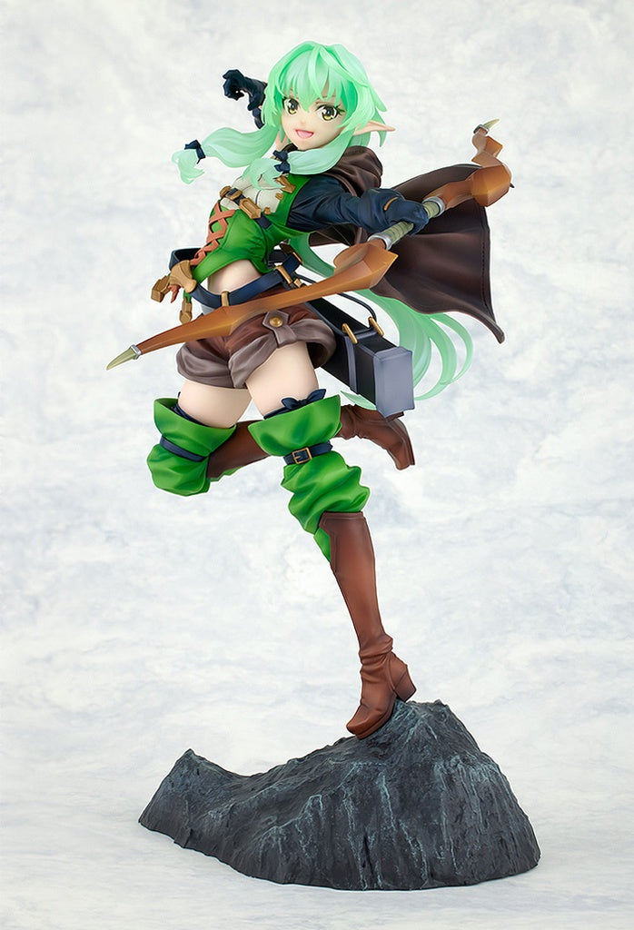 Goblin Slayer KD Colle High Elf Archer 1/7 Scale Figure - Detailed anime figure of the High Elf Archer in a dynamic pose with her bow, featuring vibrant green attire and flowing mint-green hair on a rocky base.