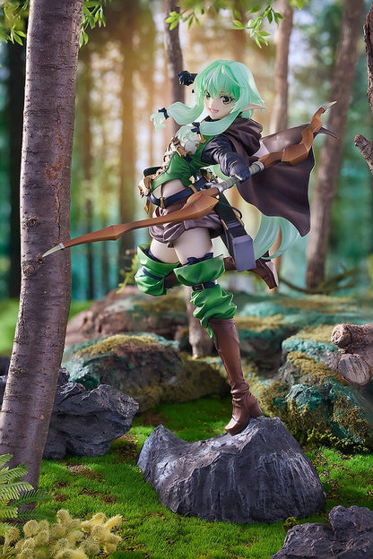 Goblin Slayer KD Colle High Elf Archer 1/7 Scale Figure - Detailed anime figure of the High Elf Archer in a dynamic pose with her bow, featuring vibrant green attire and flowing mint-green hair on a rocky base.