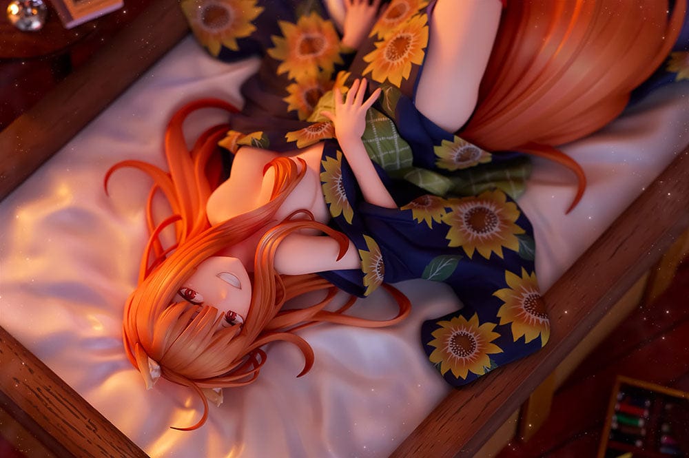 Spice and Wolf KD Colle Holo (Yukata Beauty Ver.) 1/7 Scale Figure reclining in a sunflower-patterned yukata with flowing orange hair.